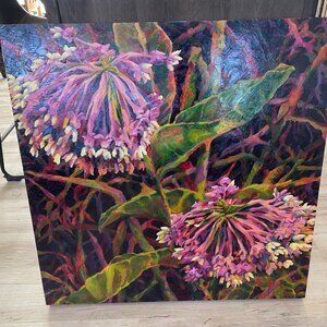 Original wood canvas Oil Paiting of Colorful Milkweed 30x30 artist signature